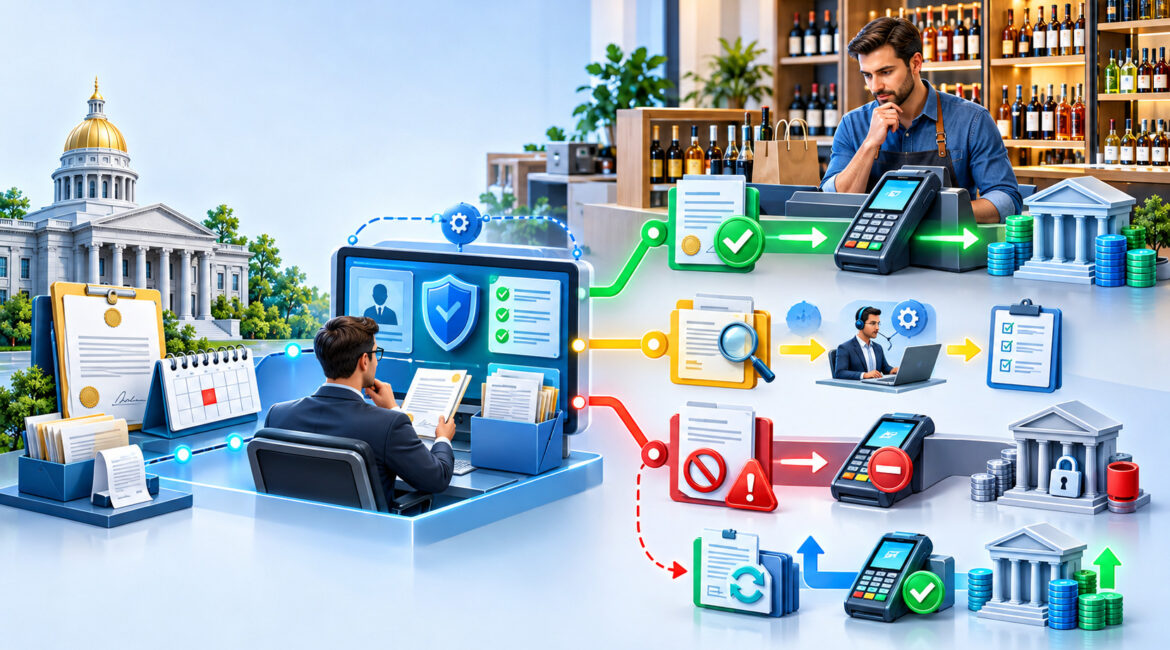 Liquor license status connected to merchant underwriting and payment continuity